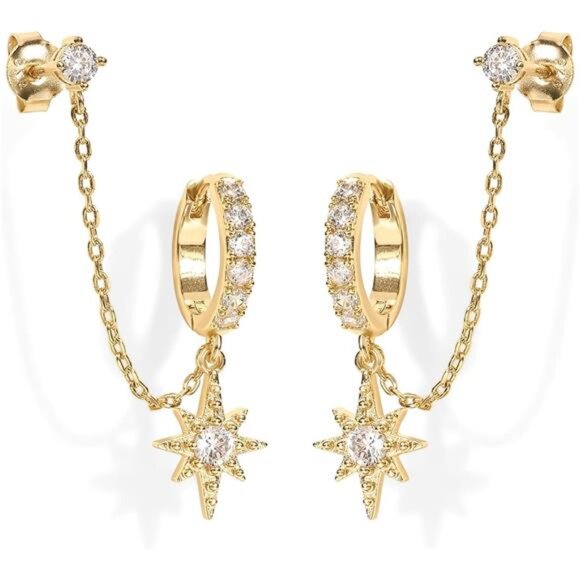 14K Gold Chain Earrings Double Piercing Dangle Hoop CZ Pearl Stud Earrings Women - Picture 1 of 6